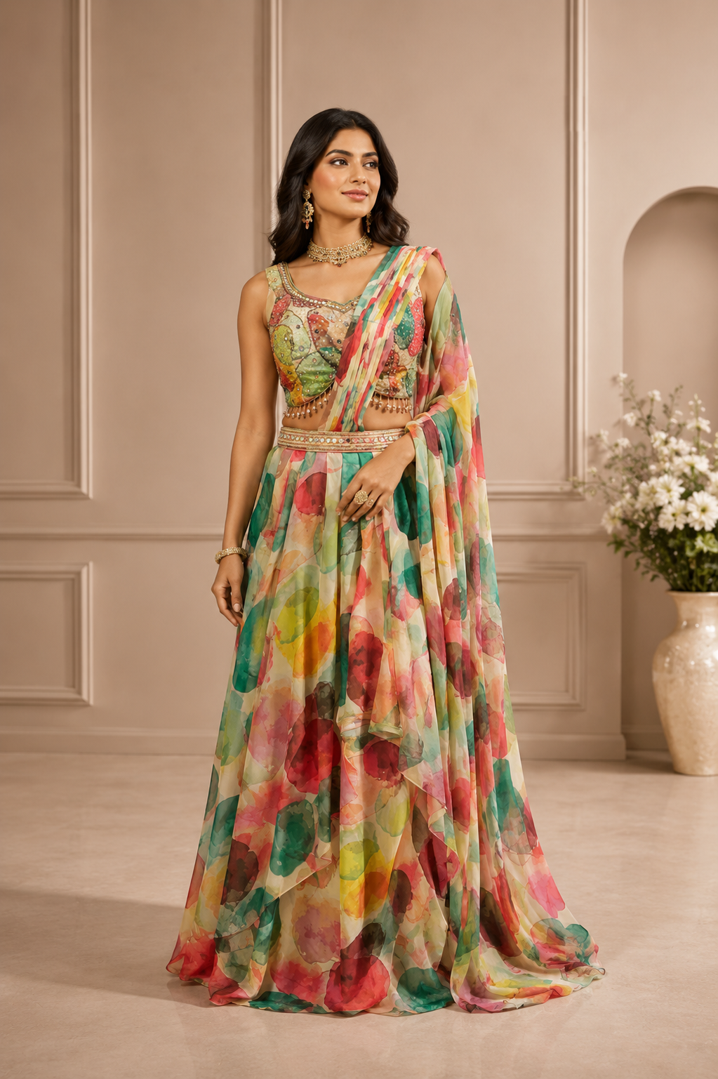 Multicolor Floral Indo Western Lehenga saree Set