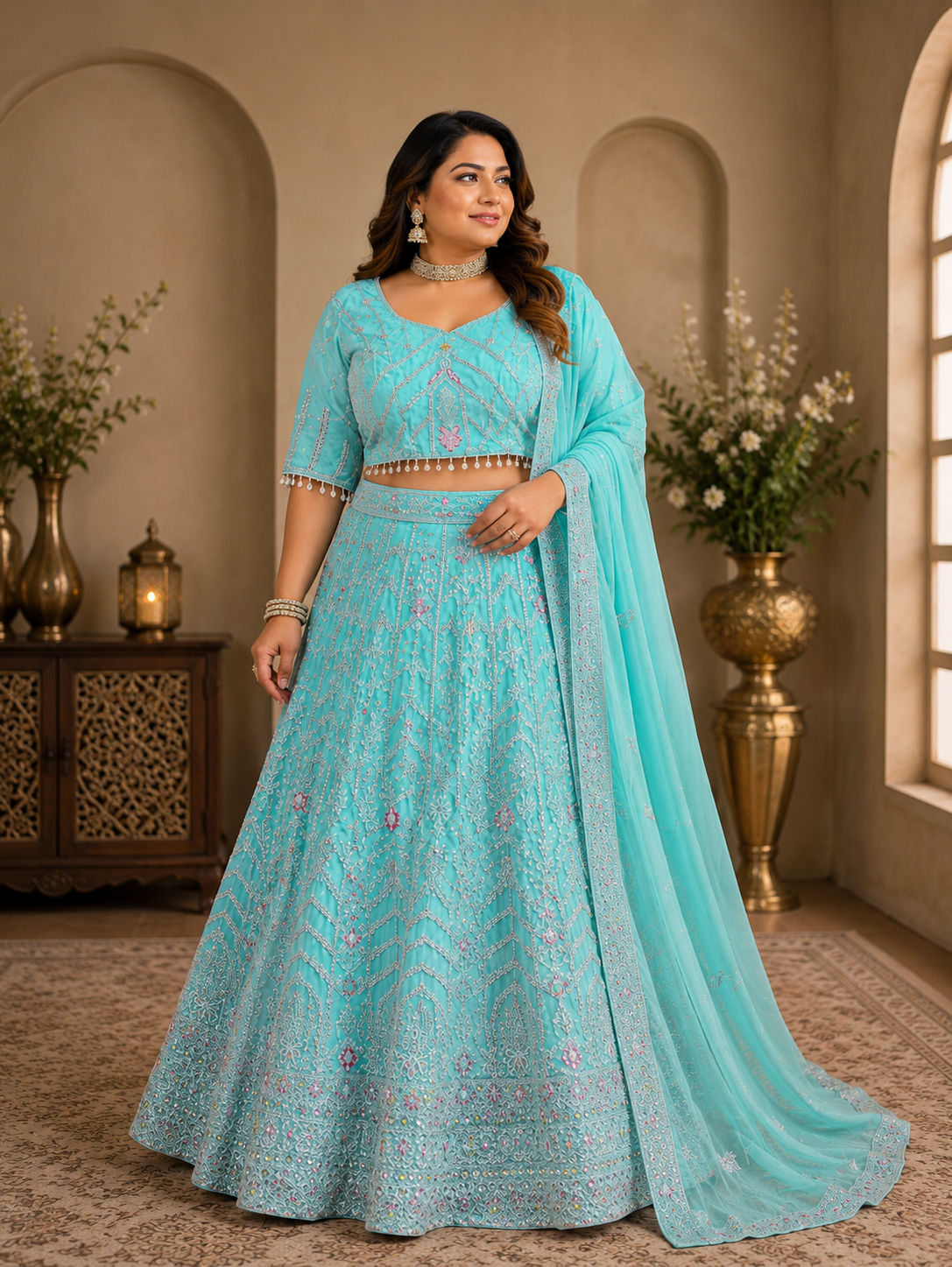 Aqua Blue Embroidered Lehenga Set Plus Size 46+