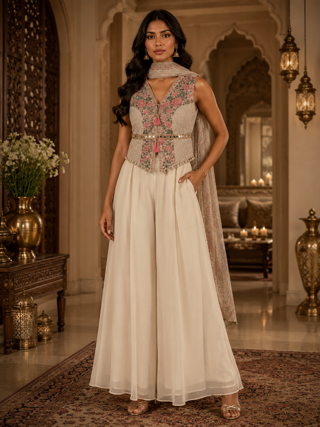 Ivory Floral Indo Western Palazzo Set