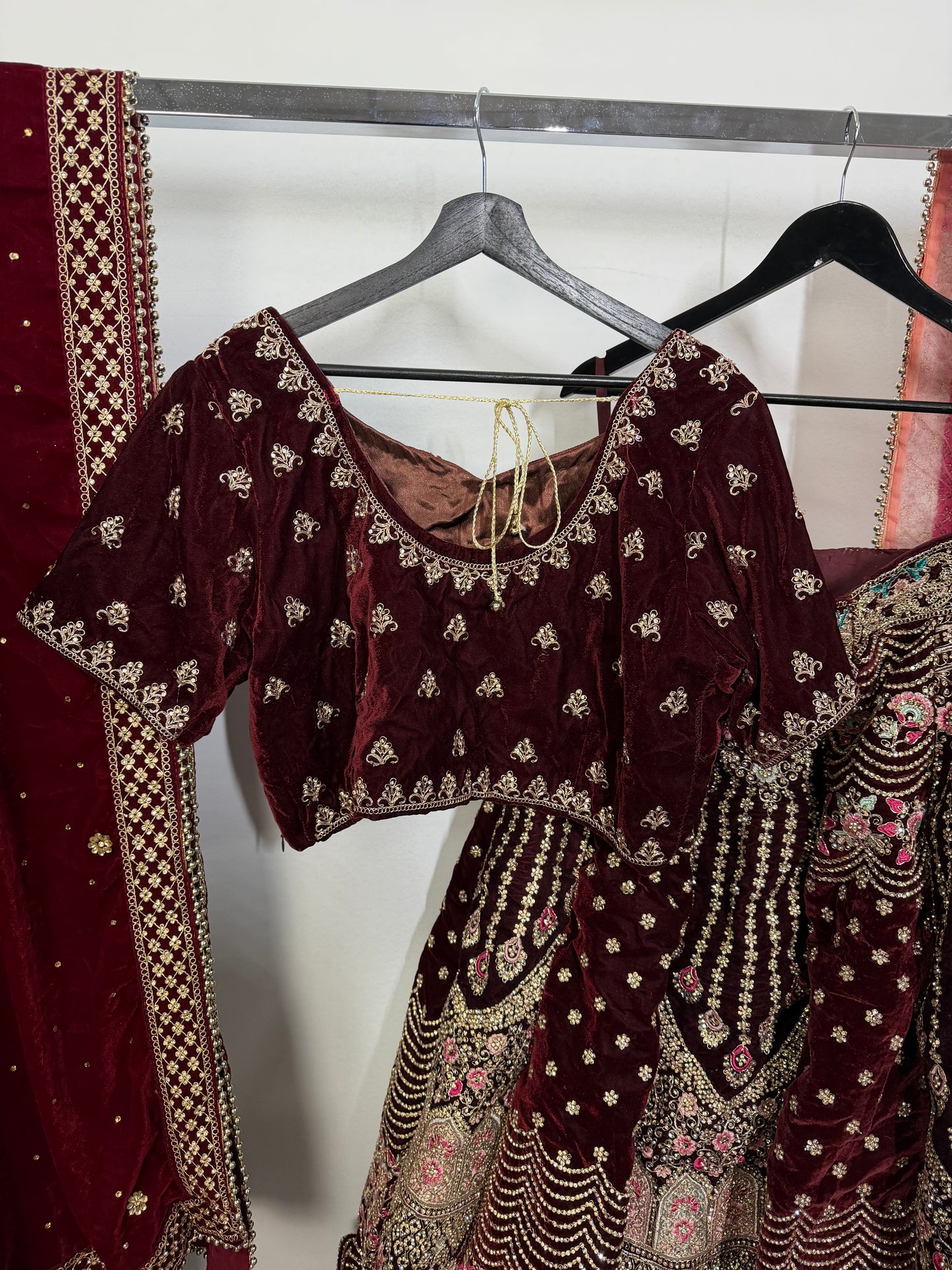 Maroon Velvet Embroidered Lehenga