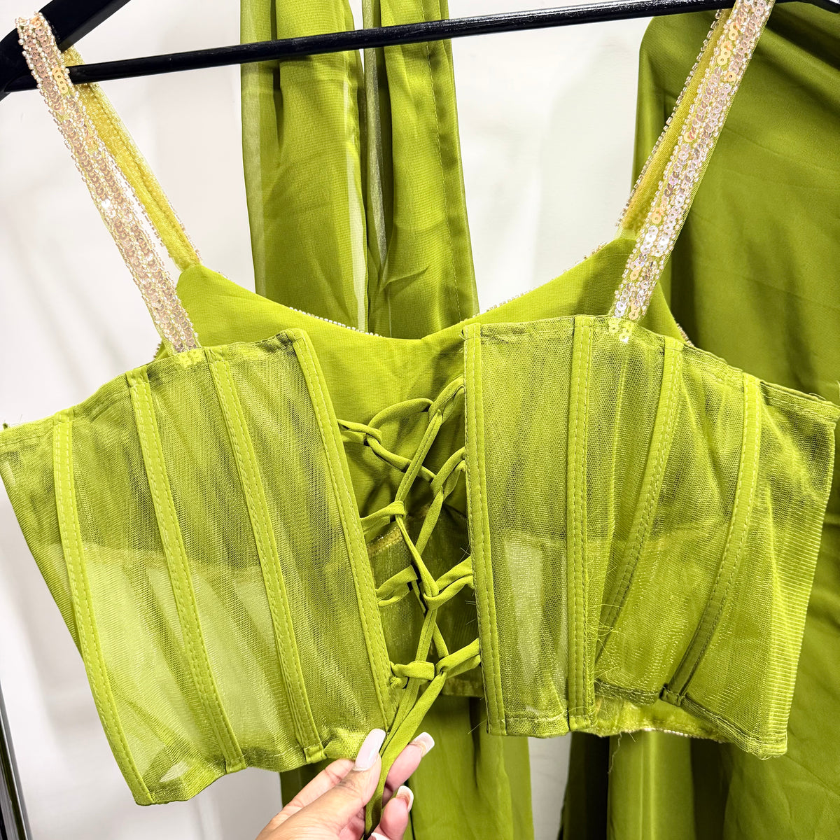 Inaya Lime Green Palazzo Set met Luxe Corset Top & Cape