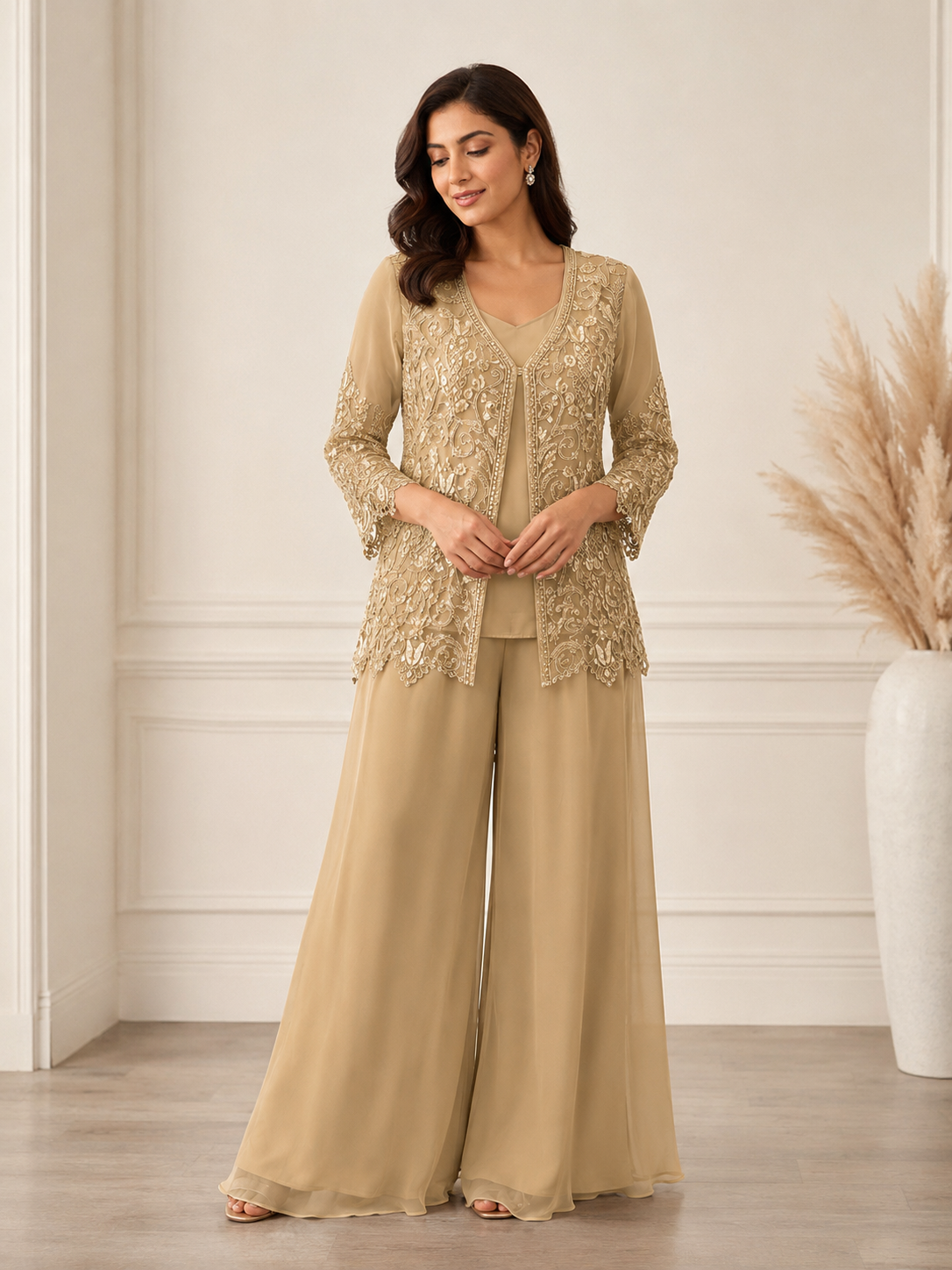 Champagne Gold Embroidered Palazzo Set