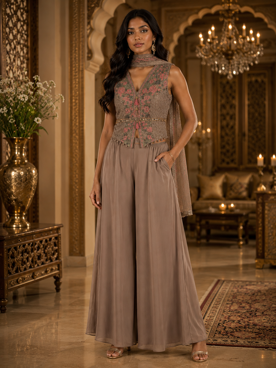 Taupe Embroidered Palazzo Set met Dupatta