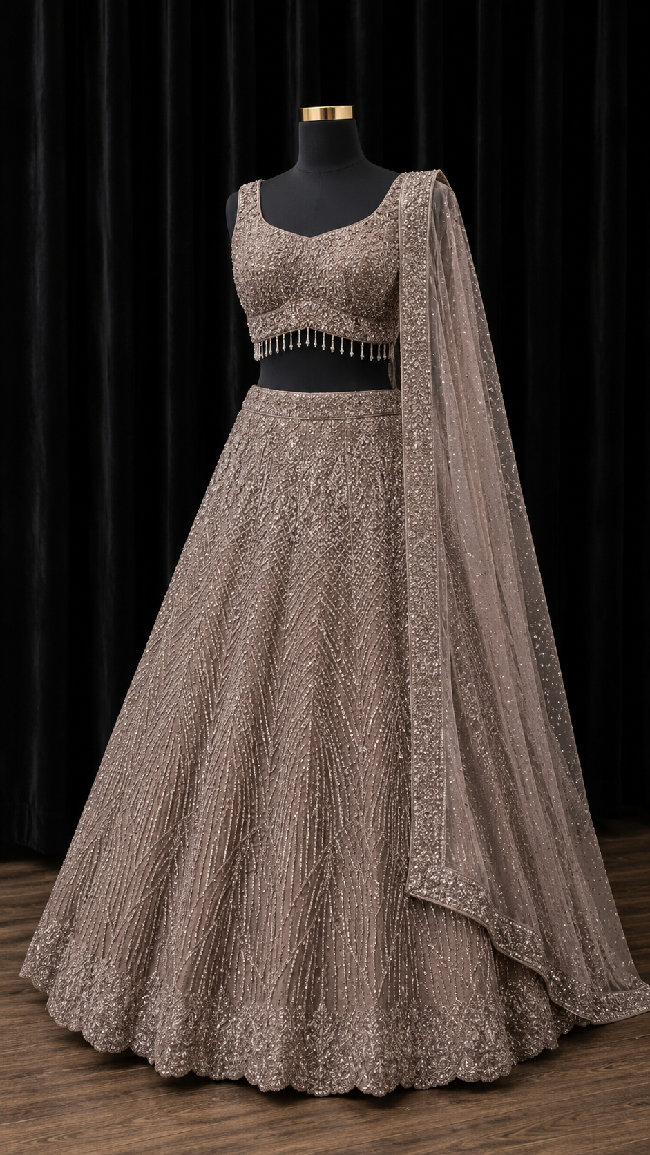 Taupe Luxe Party Wear Lehenga met Sequins
