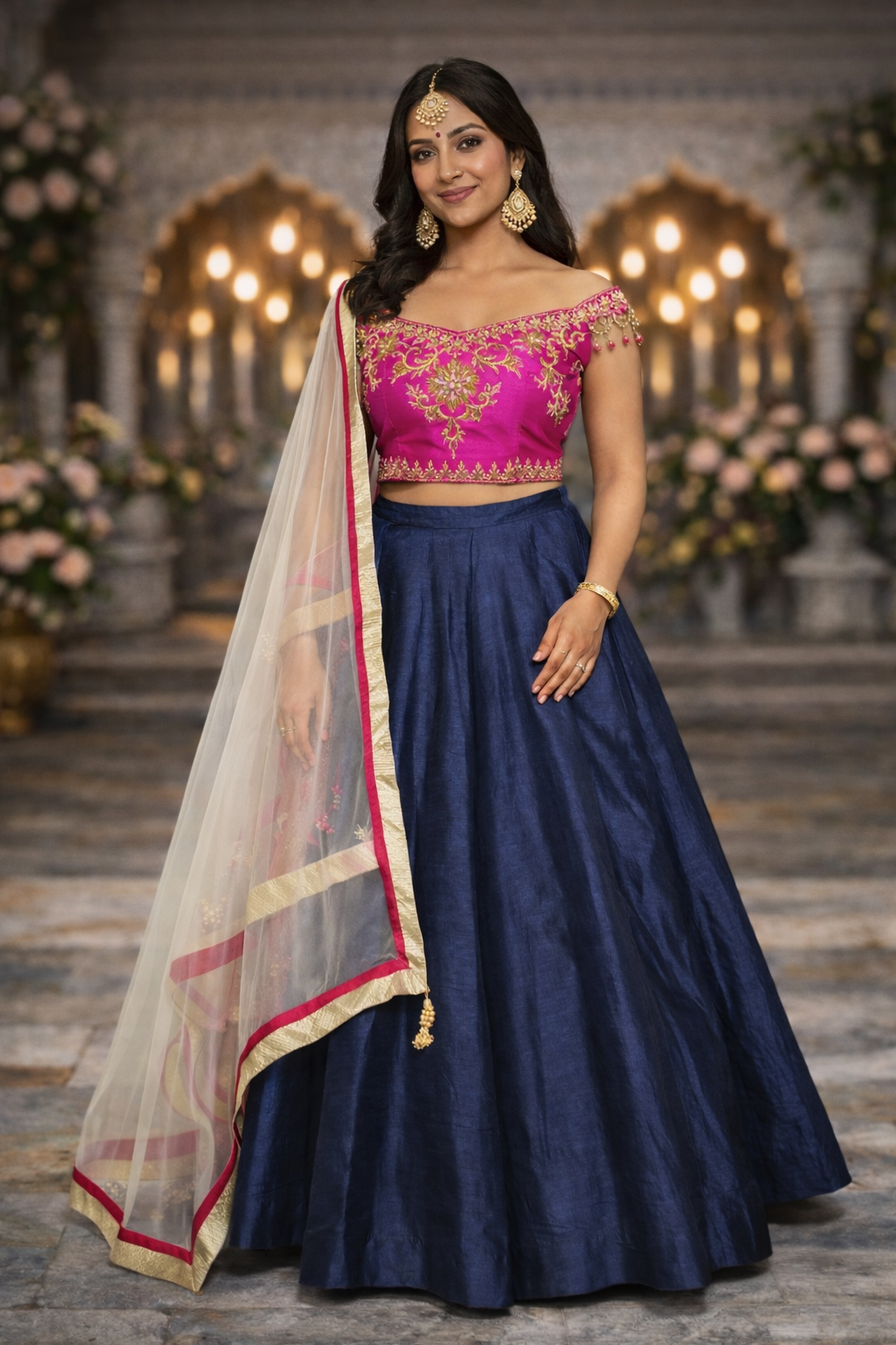 Navy Blauwe Lehenga met Fuchsia Blouse