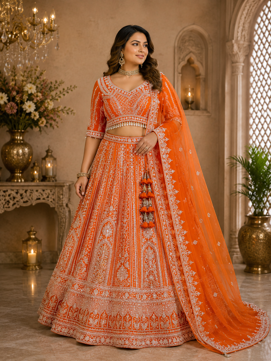 Orange Embroidered Party Wear Lehenga Plus Size 46+