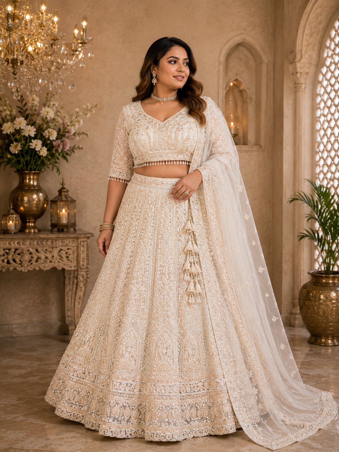 Ivory Lehenga with Dupatta Plus Size 46+