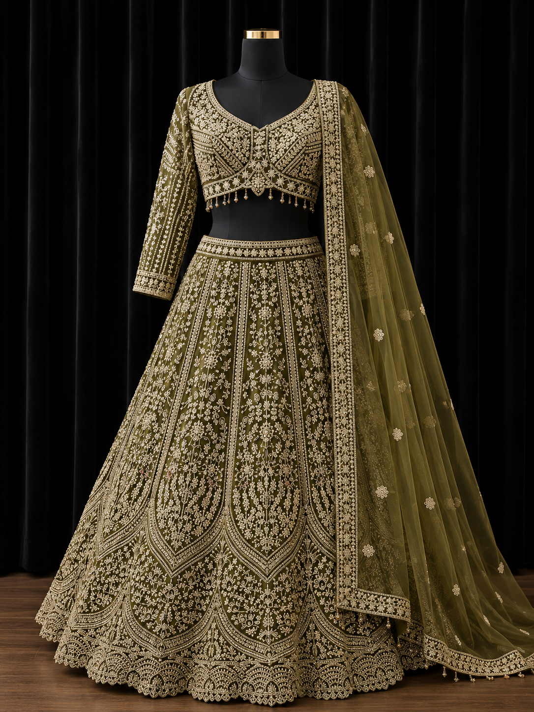 Olive Green Luxe Party Wear Lehenga