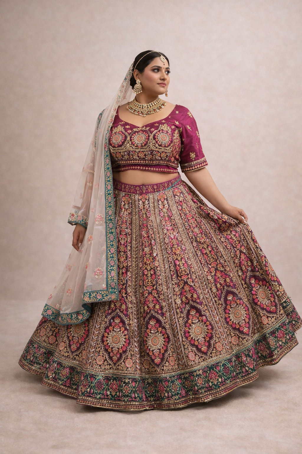 Magenta Lehenga met Multicolor Borduurwerk Luxe Partywear