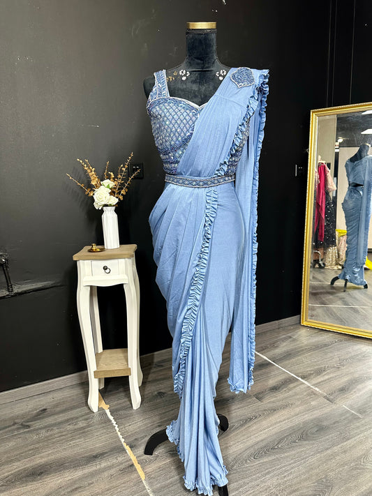 Blauw readymade saree met pailletten blouse – moderne Indiase feestjurk