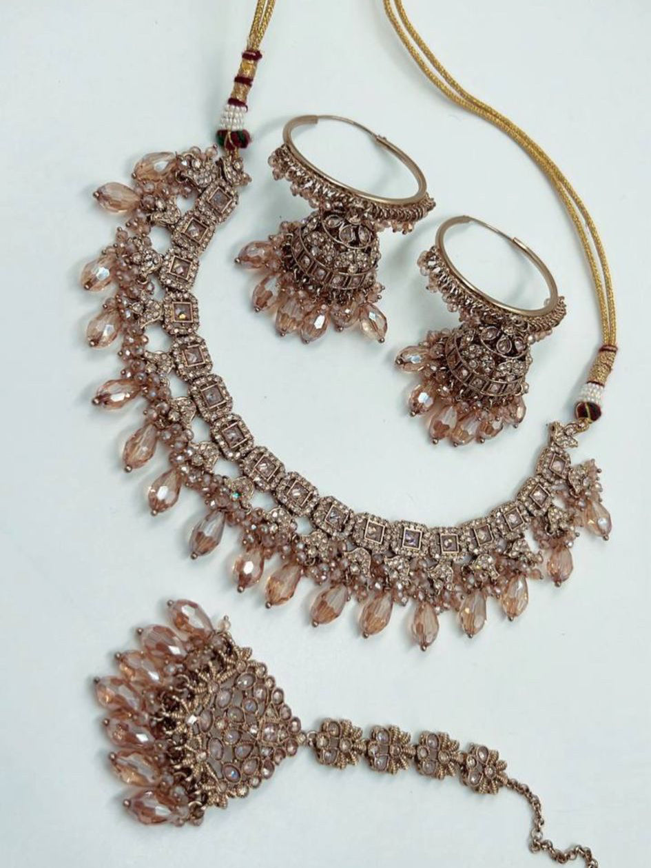 Champagnekleurige Kundan Kettingset met Kristallen