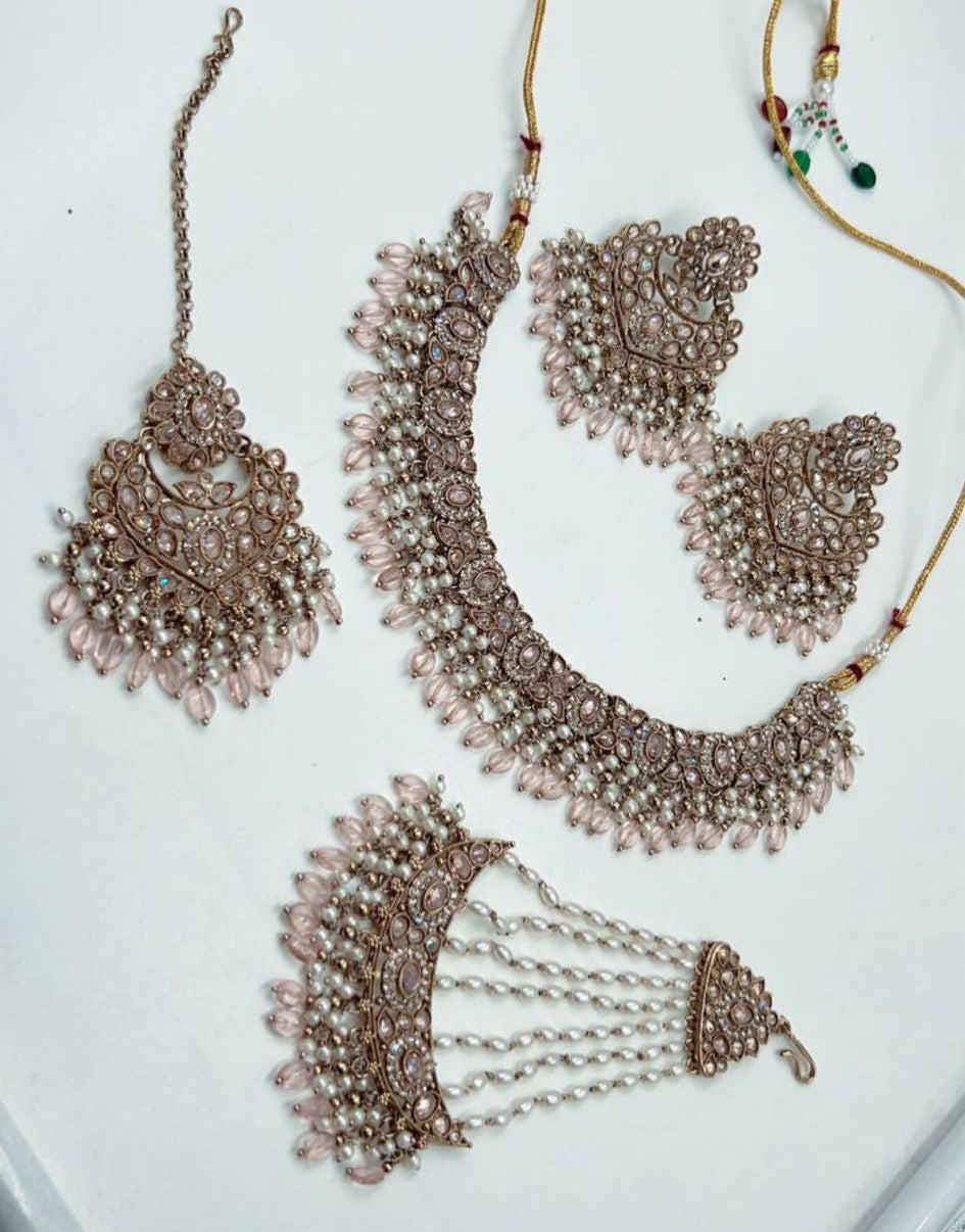 Oudroze Kundan Kettingset met Parelstrengen