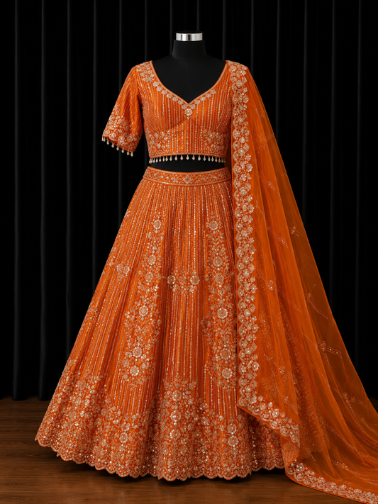 Burnt Orange Party Wear Lehenga Plus Size 46+