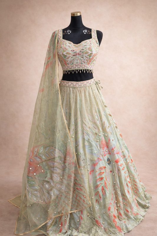 3D Lehenga Pastel Groen – Elegante Designer Set met Dupatta