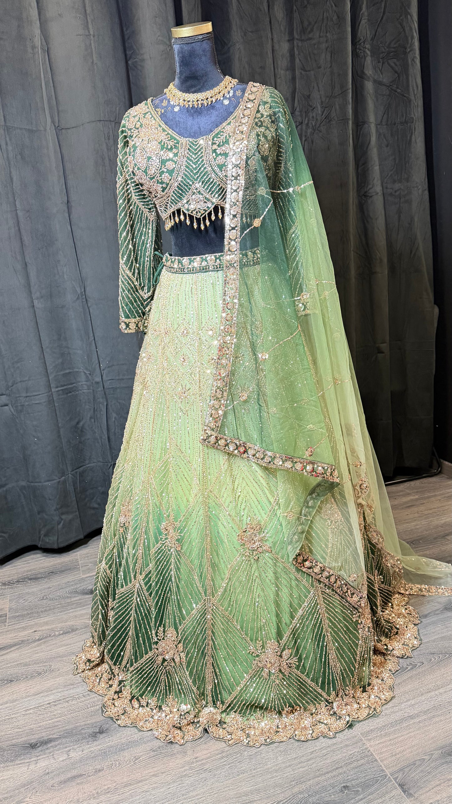Groene Ombre Party Wear Lehenga met Luxe Details