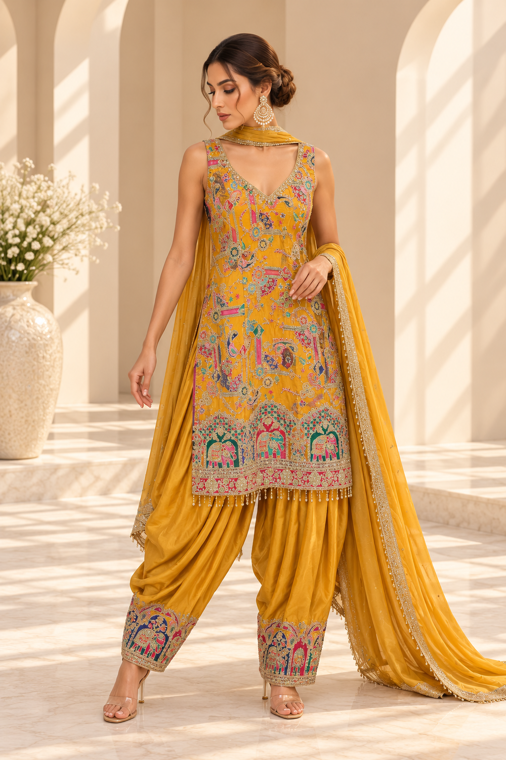 Amaya Mustard Indian Suit met Kleurrijk Borduurwerk