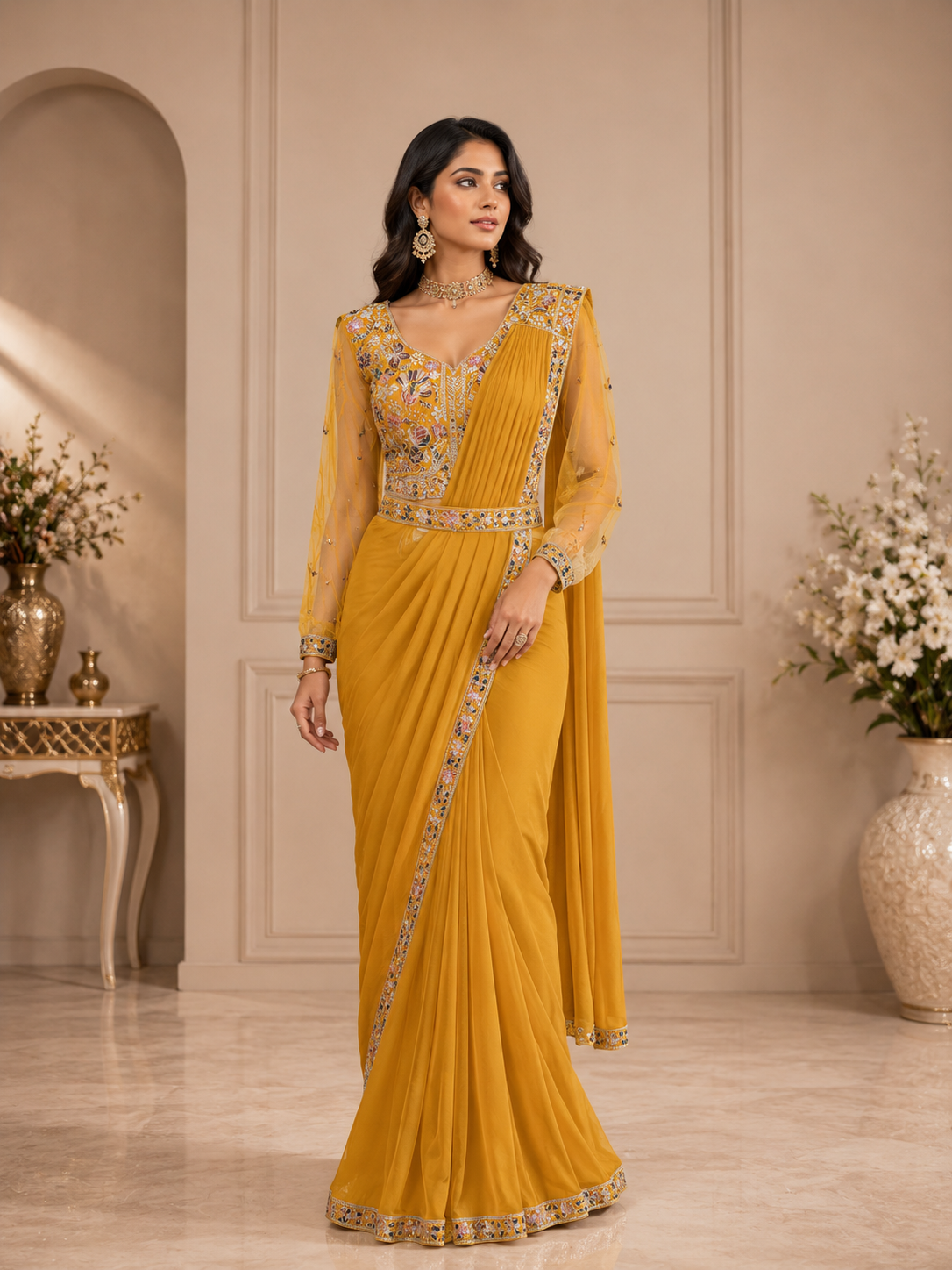 Mustard Yellow Embroidered Saree with Floral Details