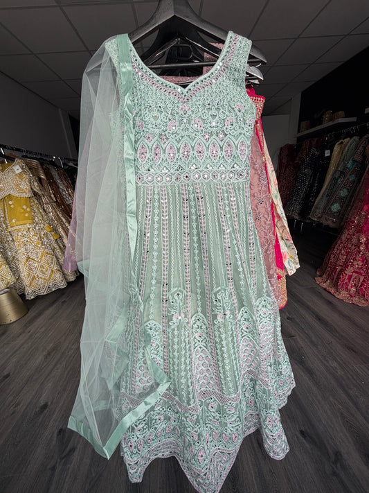 Meisjes Anarkali – Spiegelborduurwerk in Mintgroen & Lila