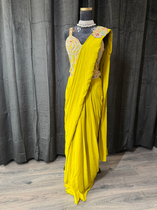 Ready to Wear Saree – Yellow & Lilac | Indian Wedding Guest Saree