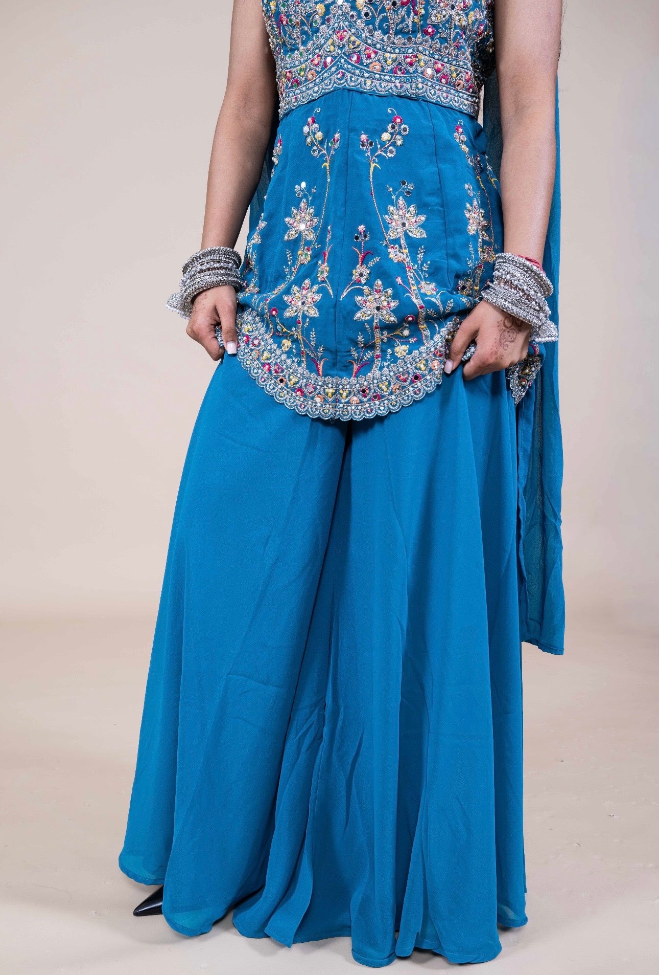Geborduurde Palazzo Set met Dupatta – Indiase Feestoutfit (Geel of Blauw)
