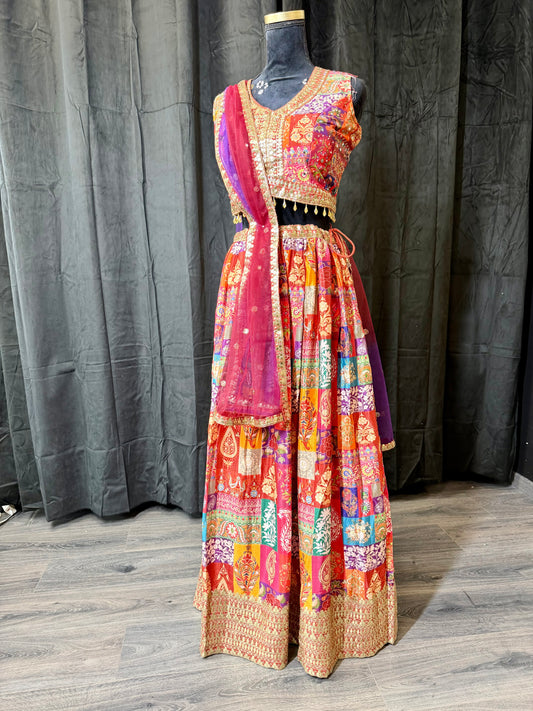 Multicolor Gujarati Patchwork Mirror-Work Lehenga