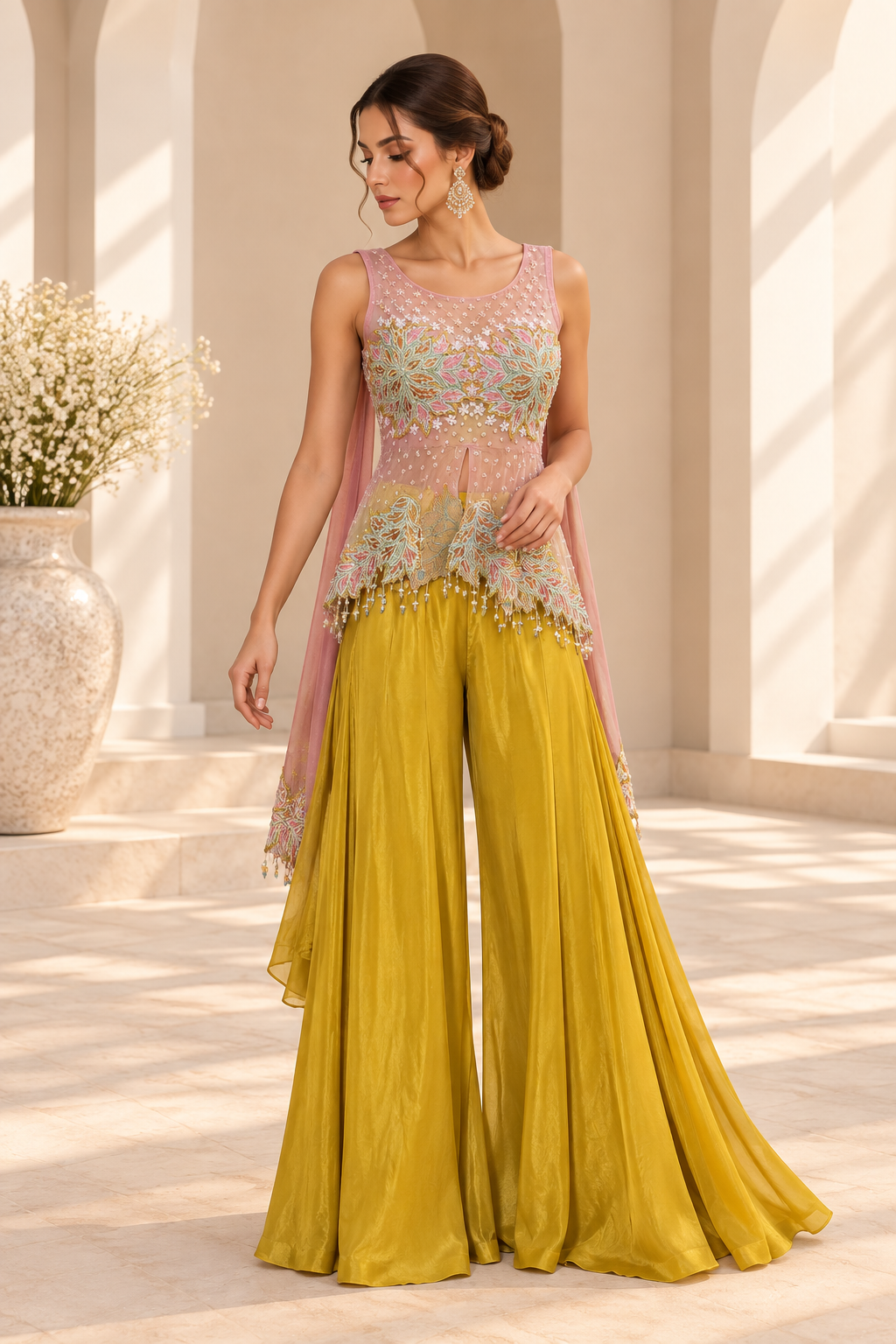 Meera Pink & Mustard Palazzo Set met Geborduurde Top