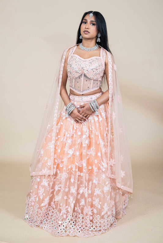 Luxe corset Lehenga Set met Dupatta – Indiase Feestoutfit (Grijs, Perzik of Mint)