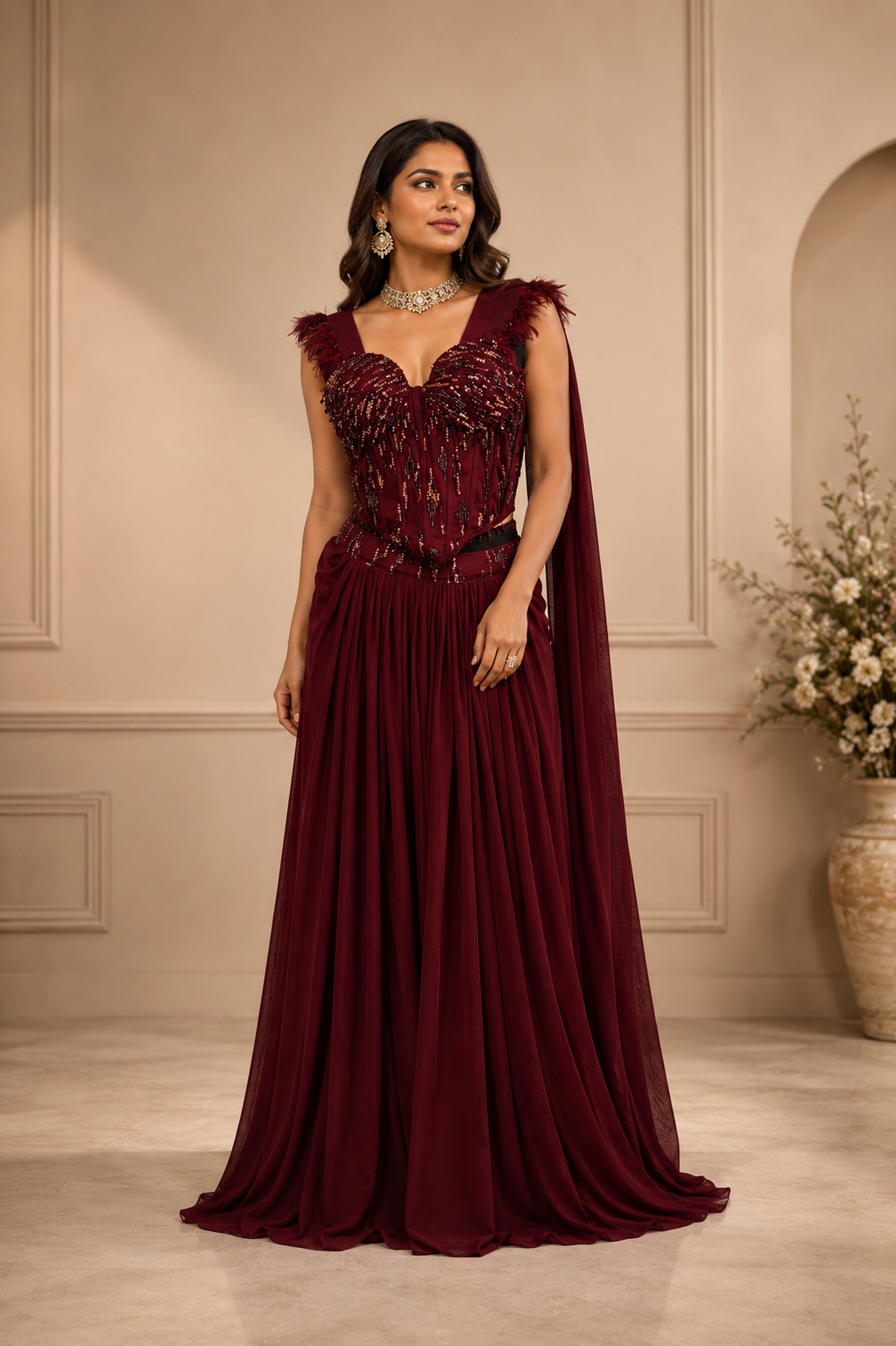 Burgundy Couture Drape Saree with Sequin Detailing