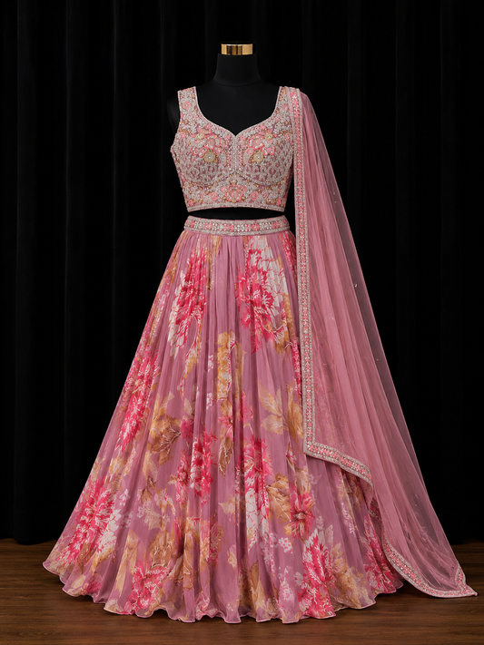 Pink Floral Designer Party Wear Lehenga