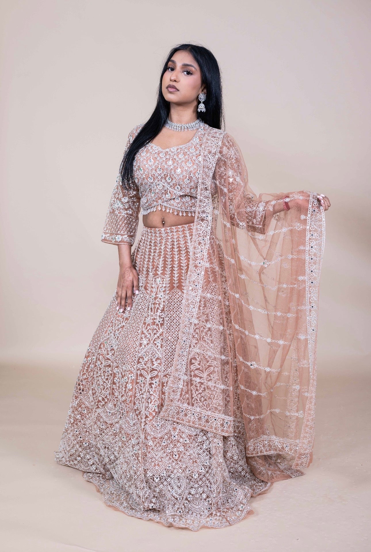 Lehenga Set met spiegeltjes en Dupatta – Luxe Indiase Feestoutfit (Beige of Turquoise)