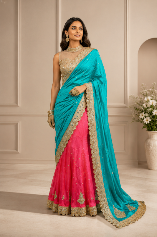 Turquoise & Pink Half Saree with Gold Embroidery