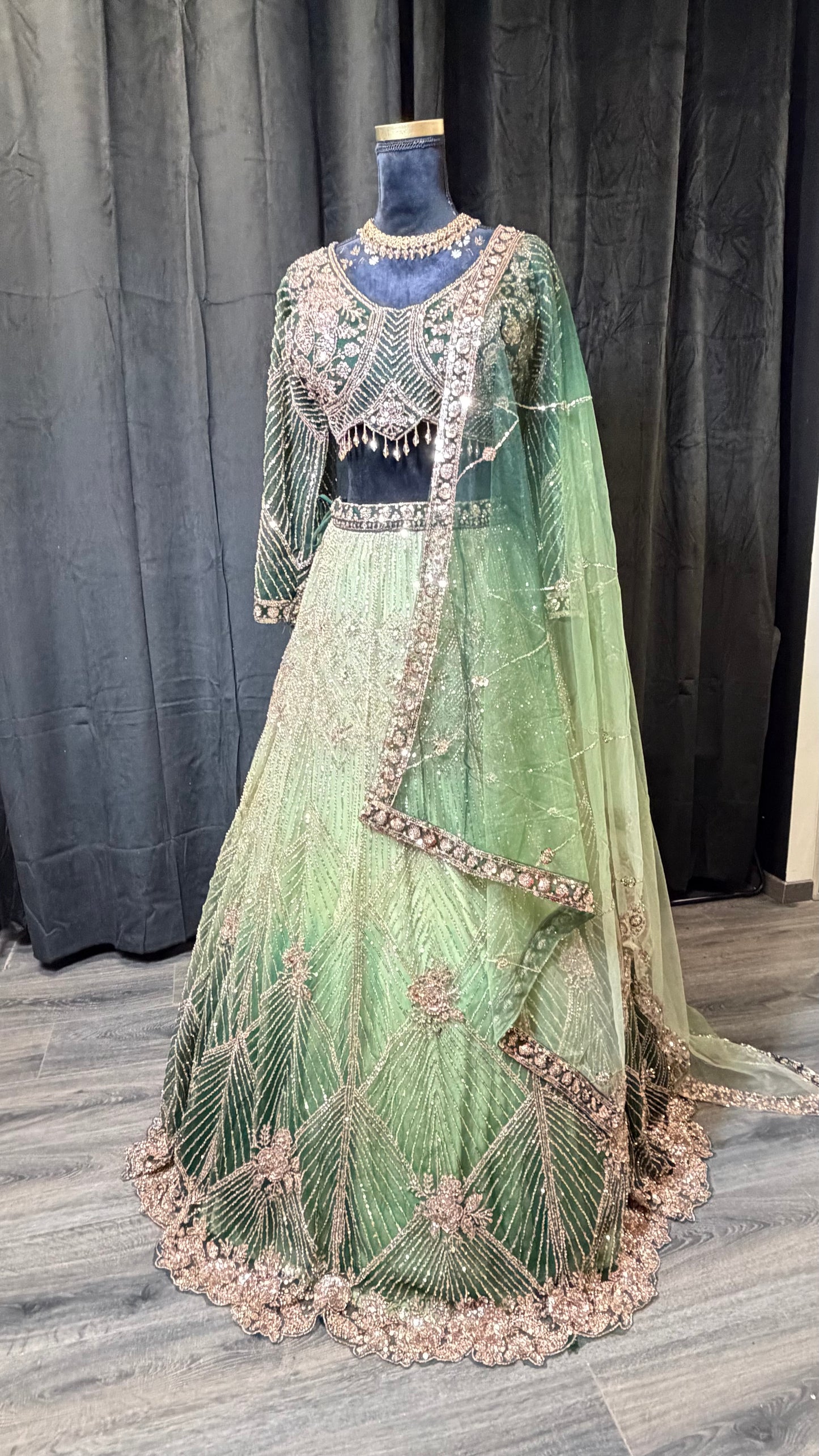 Groene Ombre Party Wear Lehenga met Luxe Details