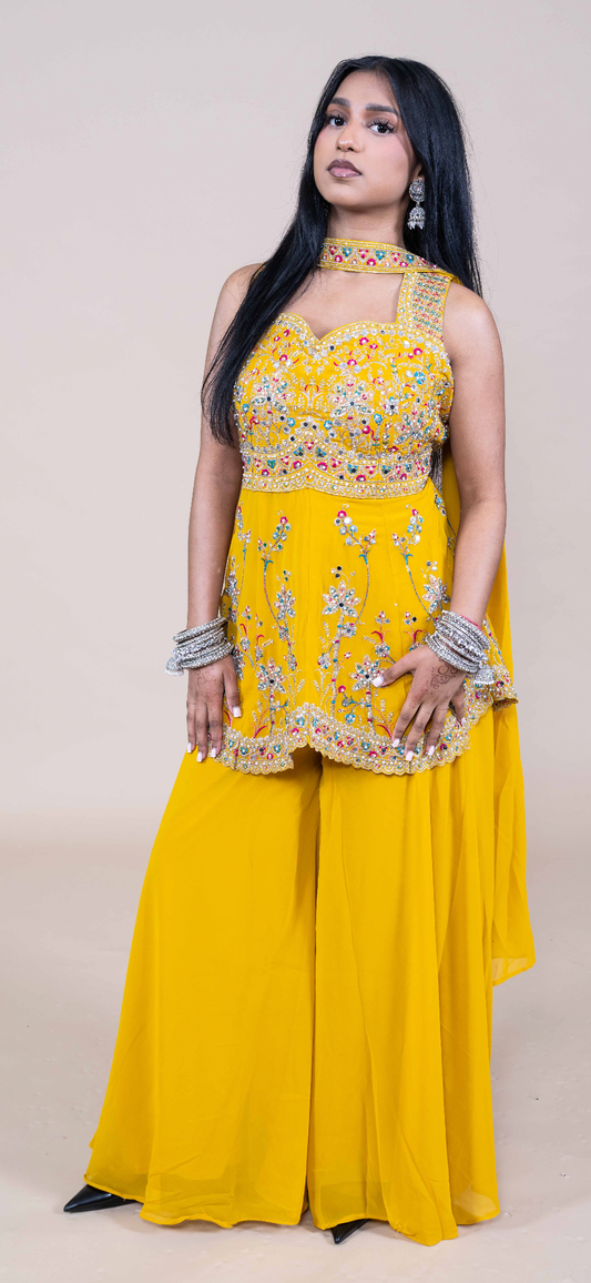 Geborduurde Palazzo Set met Dupatta – Indiase Feestoutfit (Geel of Blauw)