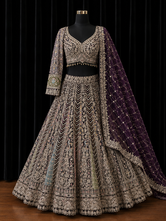 Black & Plum Luxe Party Wear Lehenga met Zilver Embroidery