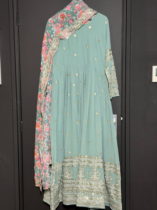 Mintgroene Jurk met Bloemen Dupatta