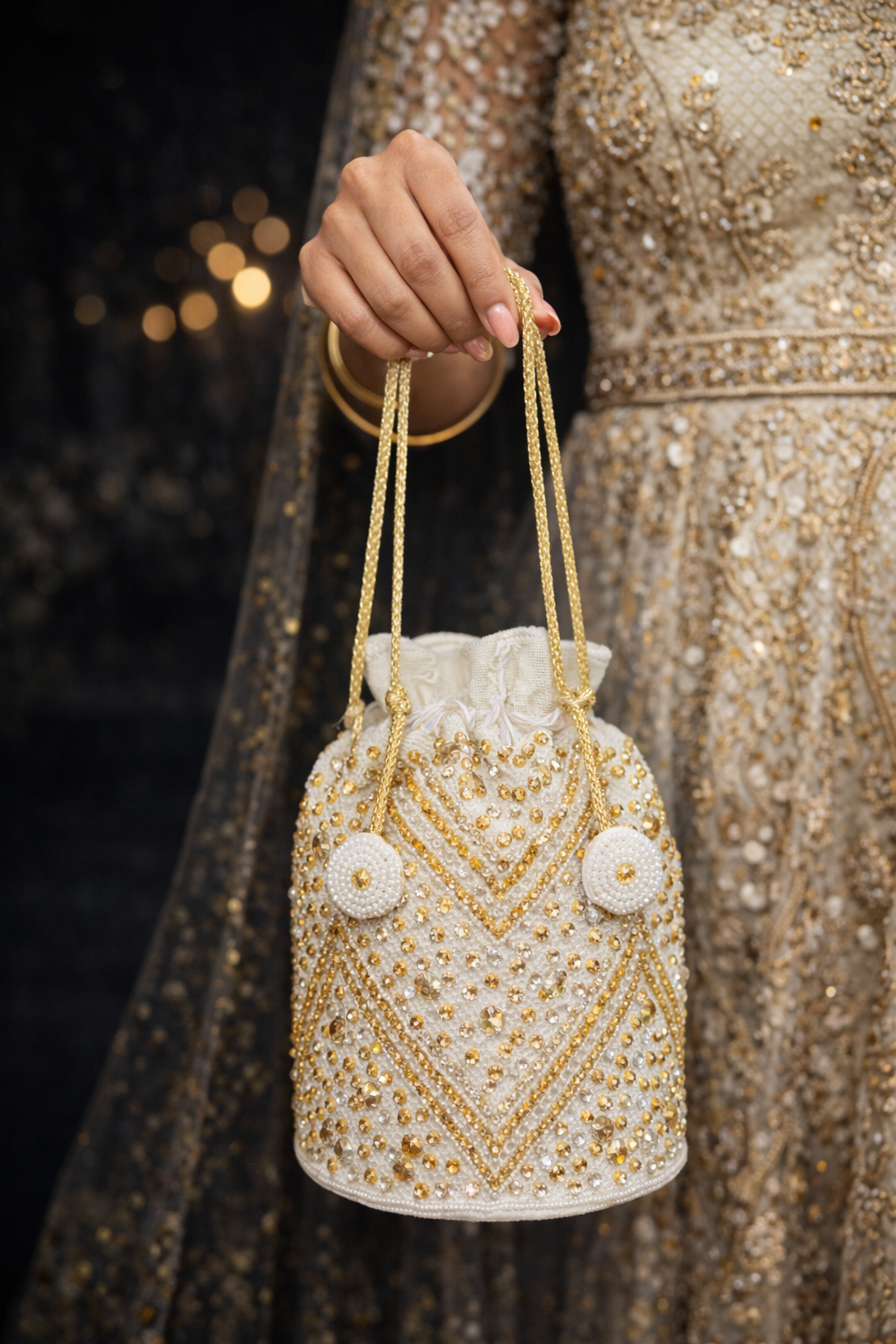 Crème Gouden Potli Bag met Borduurwerk