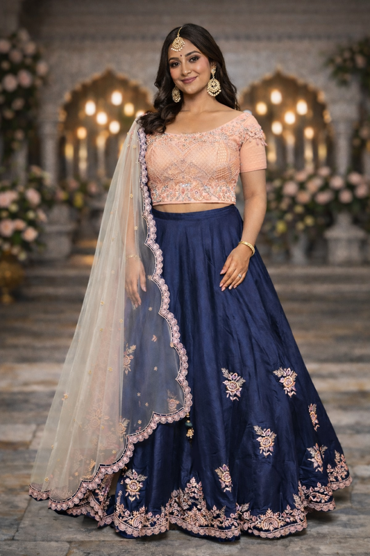 Navy Blauwe Lehenga met Perzik Top