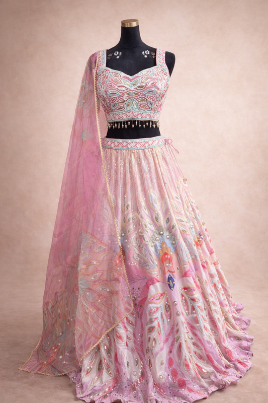 3D Lehenga Zacht Roze – Luxe Romantische Feestoutfit
