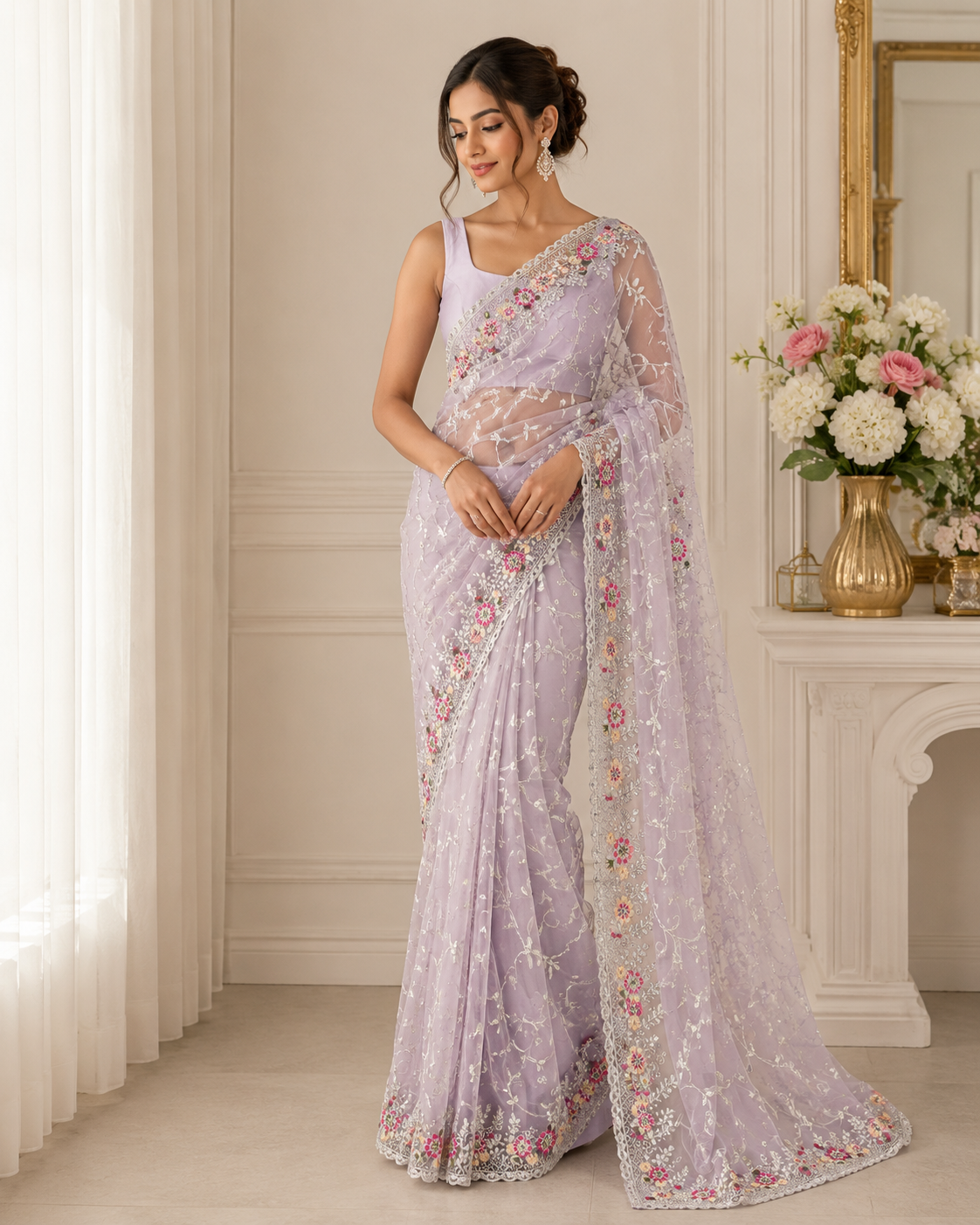 Lavender Floral Embroidered Saree