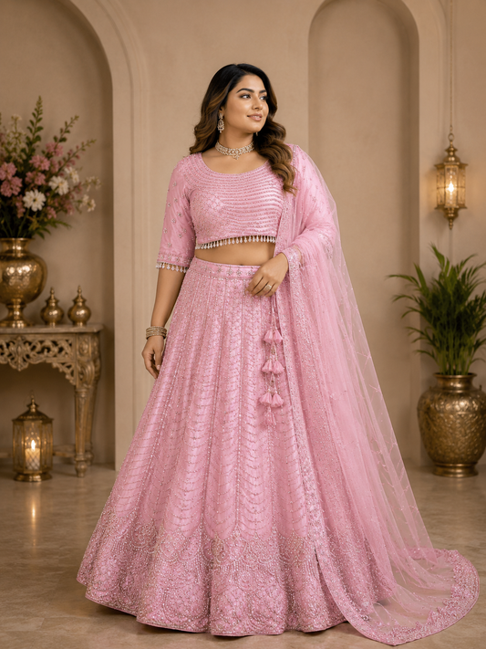 Blush Pink Party Wear Lehenga Plus Size 46+