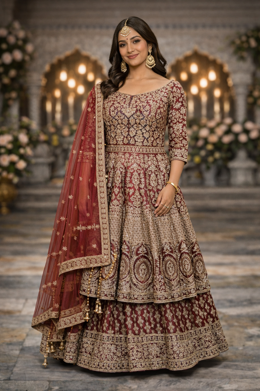 Bruin Feestjurk met Goud Borduurwerk lehenga