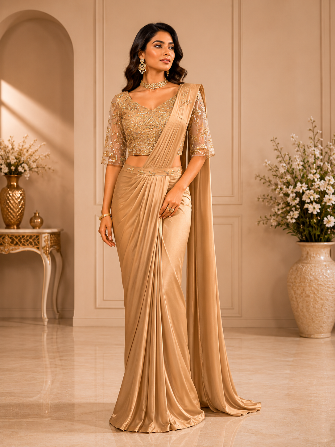 Champagne Gold Luxe Saree with Embroidered Blouse