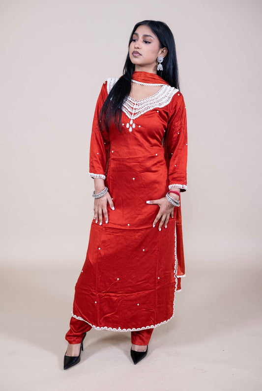 Elegante Salwar Kameez Set met Borduurdetails – Indiase Feestoutfit (oud Roze of Rood)