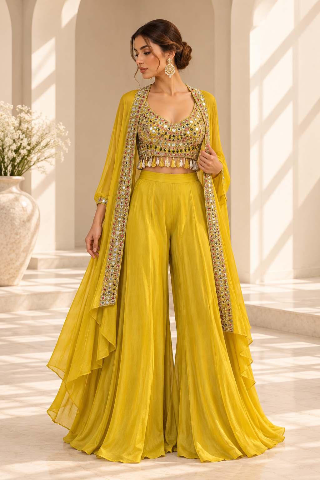 Aanya Mustard Palazzo Set met Mirror Work Top & Cape