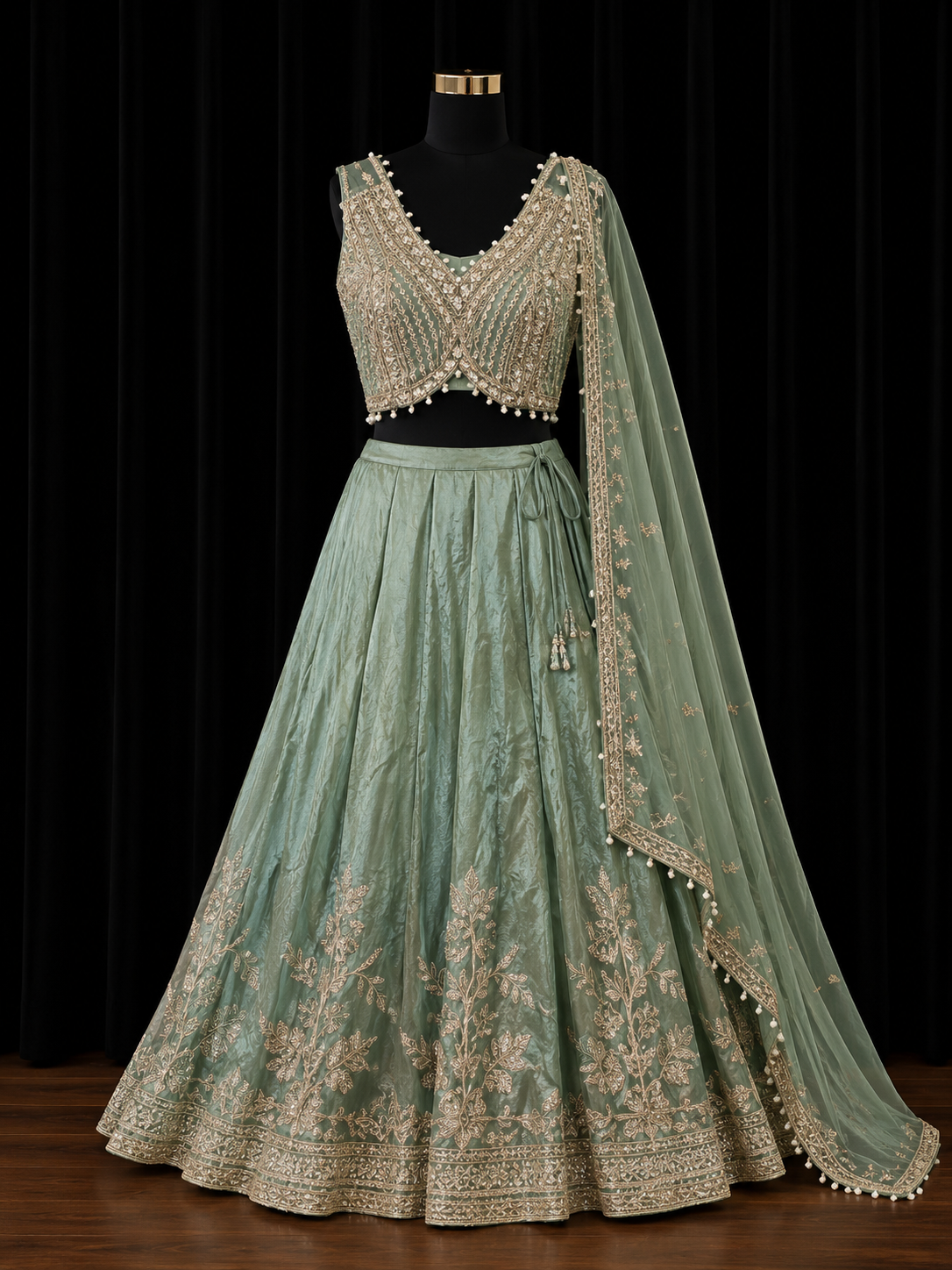 Sage Green Embroidered Designer Lehenga