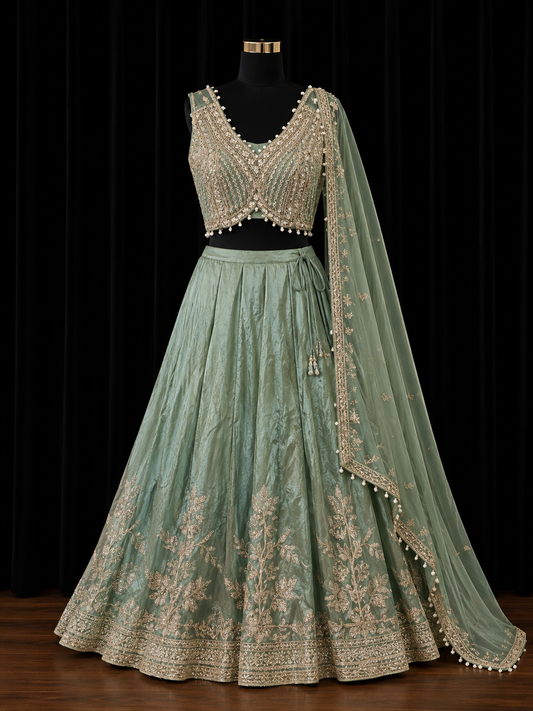 Sage Green Embroidered Designer Lehenga