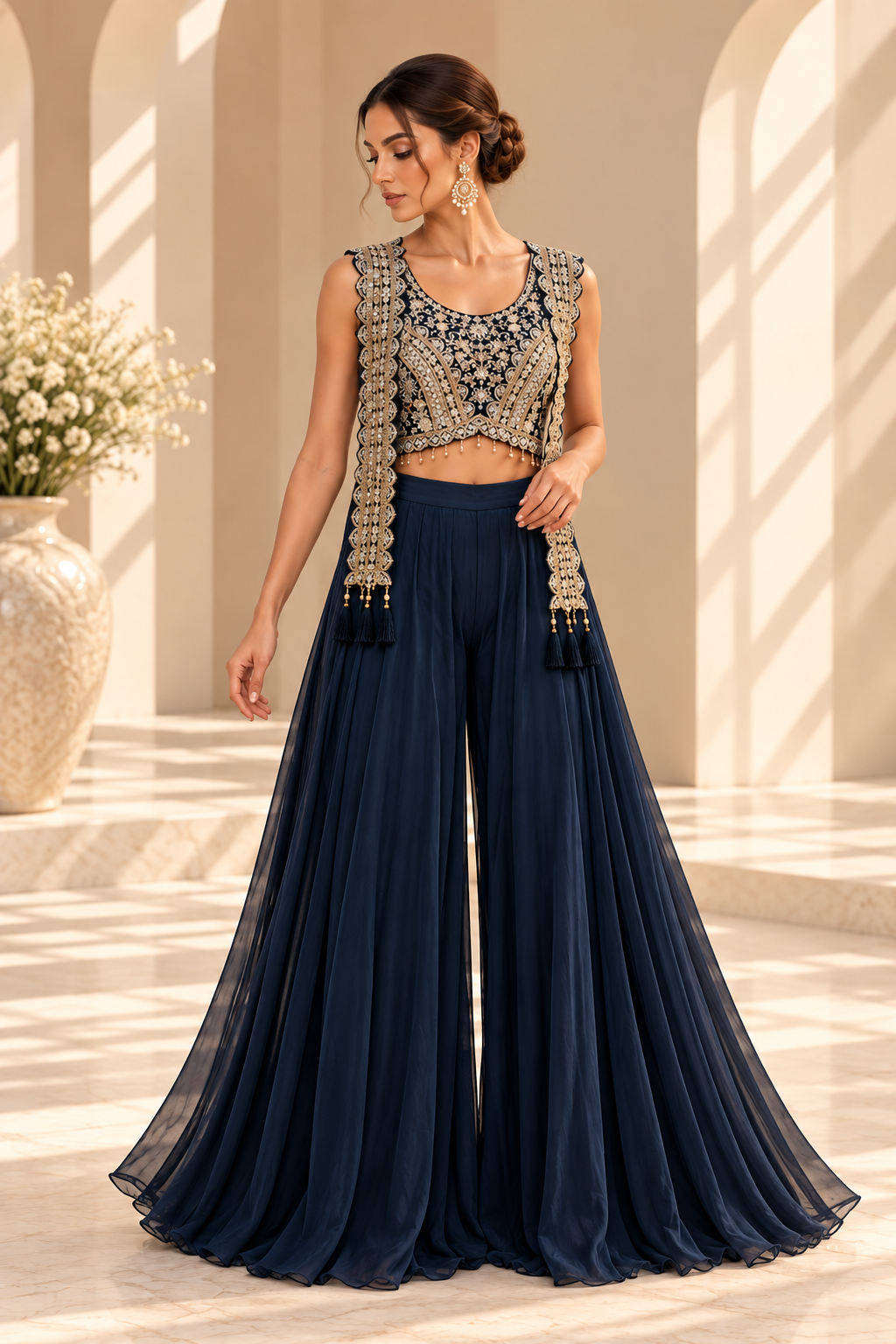 Noor Navy Blue Palazzo Set met Luxe Geborduurde Top
