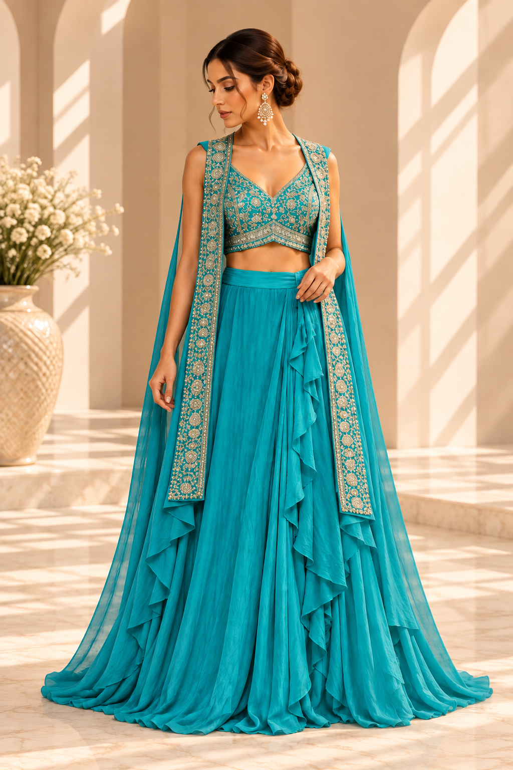 Amaya Turquoise Lehenga Set met Luxe Geborduurde Cape