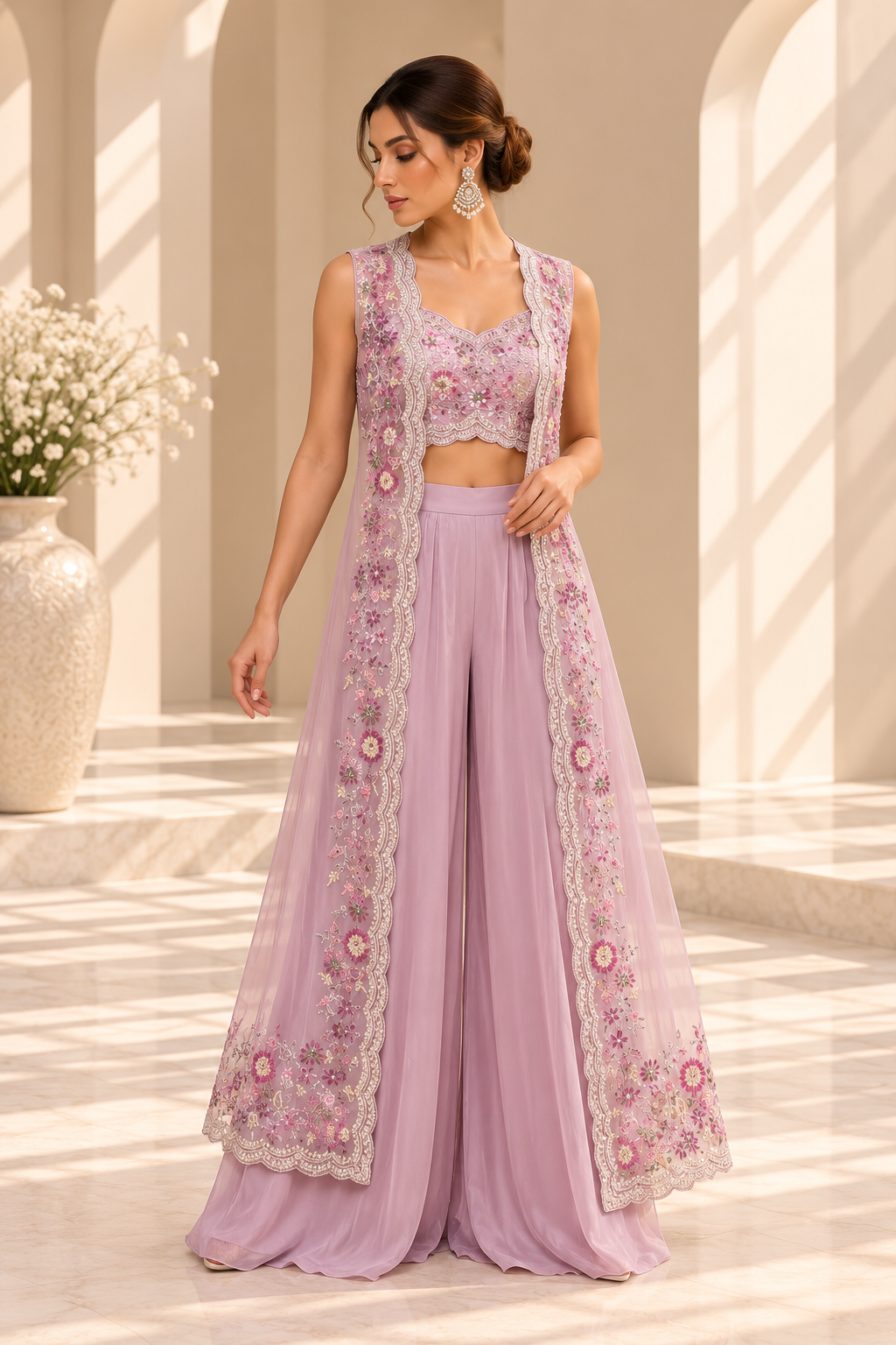 Elara Lilac Palazzo Set met Geborduurde Long Jacket