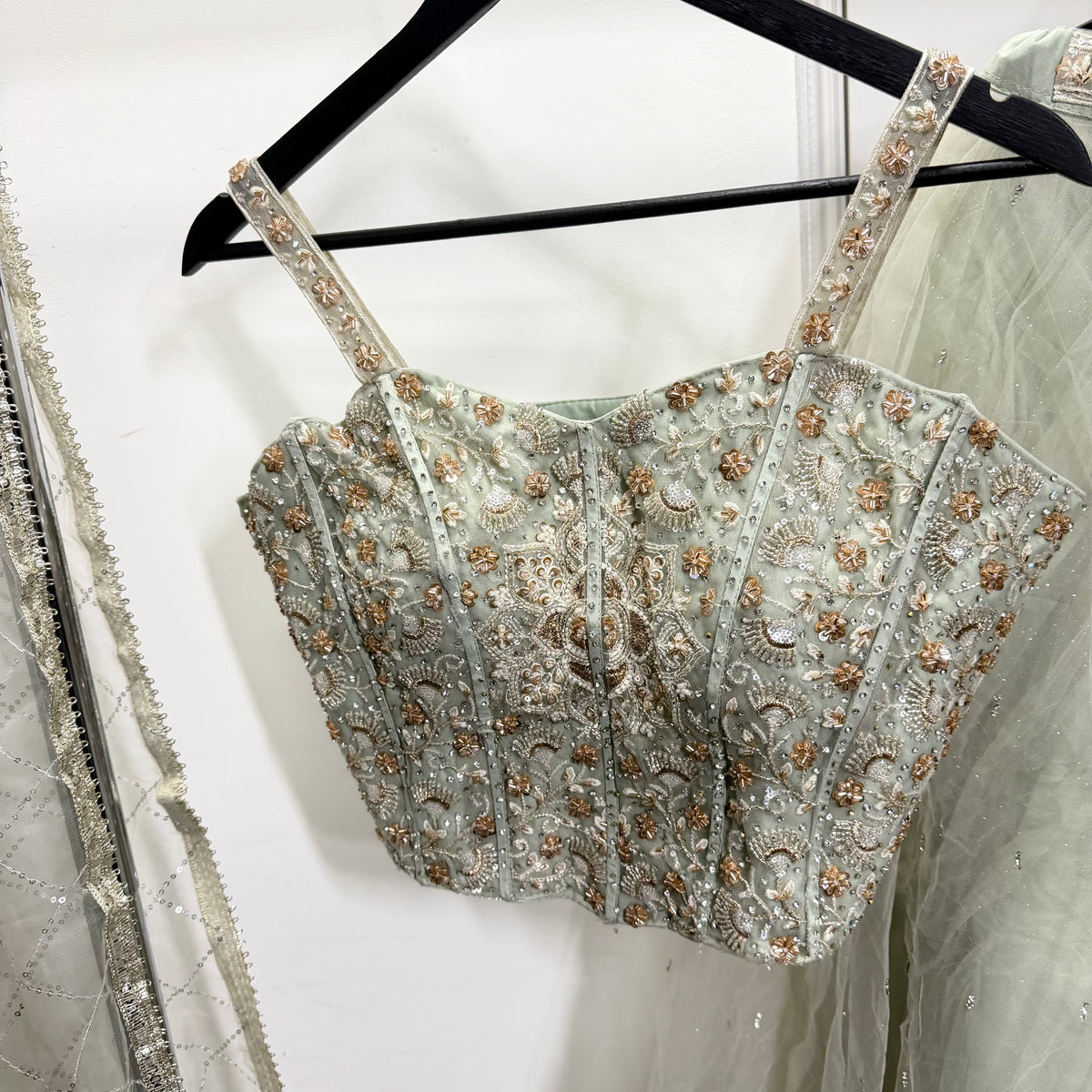 Ayla Sage Green Lehenga met Sparkle Details & Dupatta